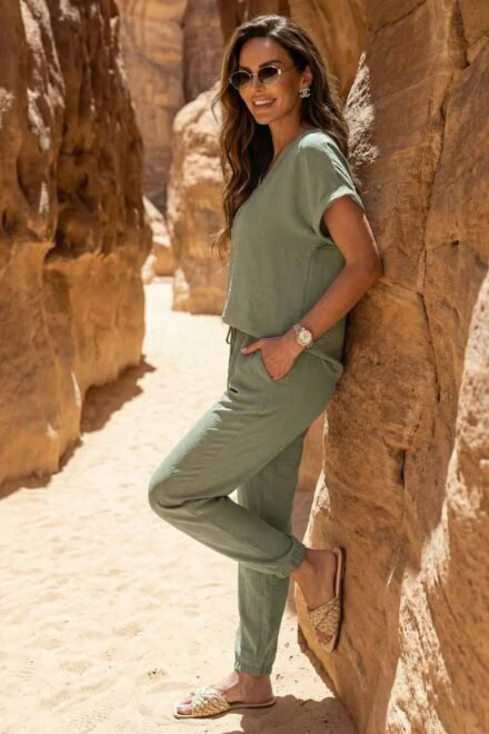 Vasarinis chaki spalvos kostiumėlis moterims Kėja šonu