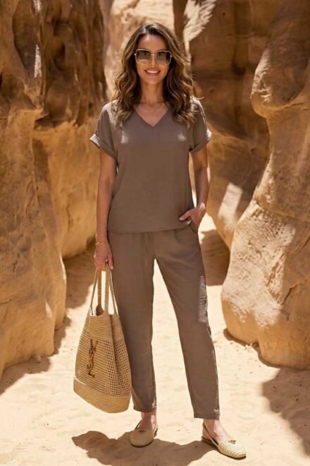 Vasarinis šokolado spalvos kostiumėlis moterims Kėja