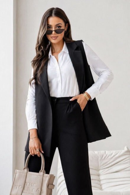 Klasikinio stiliaus liemenė moterims Lijana juoda. Atsegta