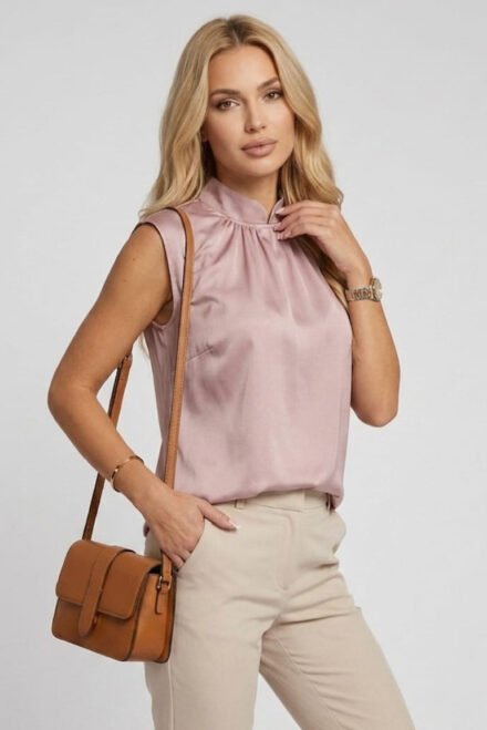 Elegantiška satininė palaidinė moterims Glorija pudrinė šonu